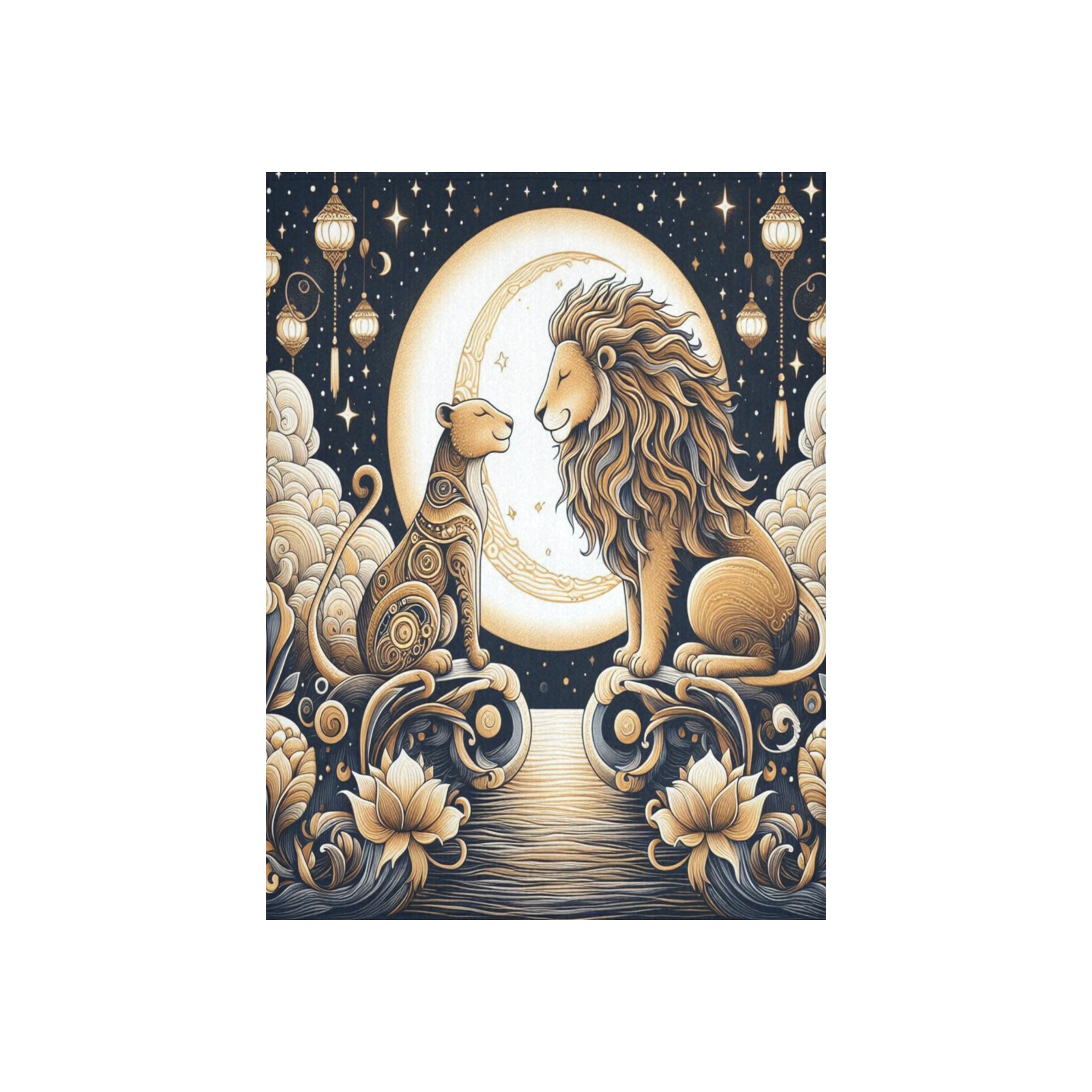 Moonlight Lions Love Polyester Peach Skin Wall Tapestry 30"x 40"