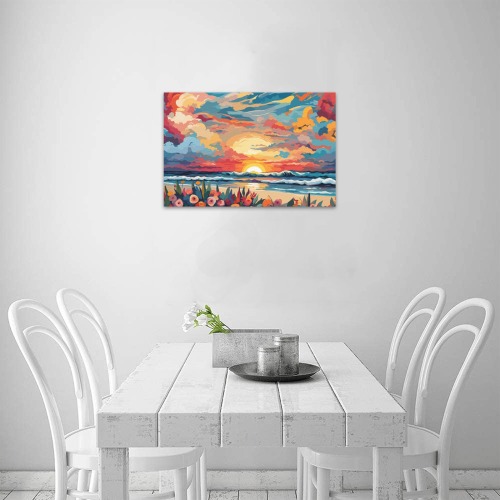 Ocean sunset, dramatic clouds, colorful flowers. Upgraded Canvas Print 18"x12"