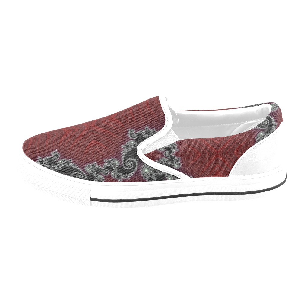 0-Black and White Lace on Maroon Velvet Fractal Abstract Women's Slip-on Canvas Shoes (Model 019)