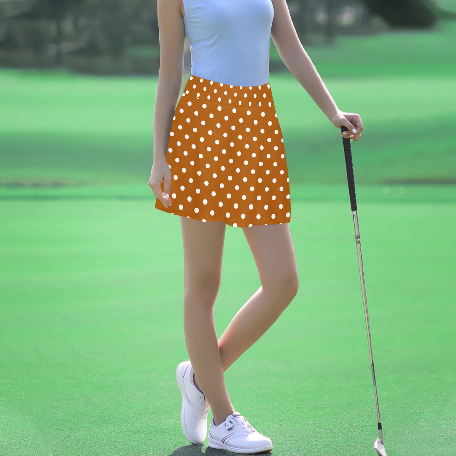 Polka Dots White - Brown Women's Athletic Skirt (Model D64)