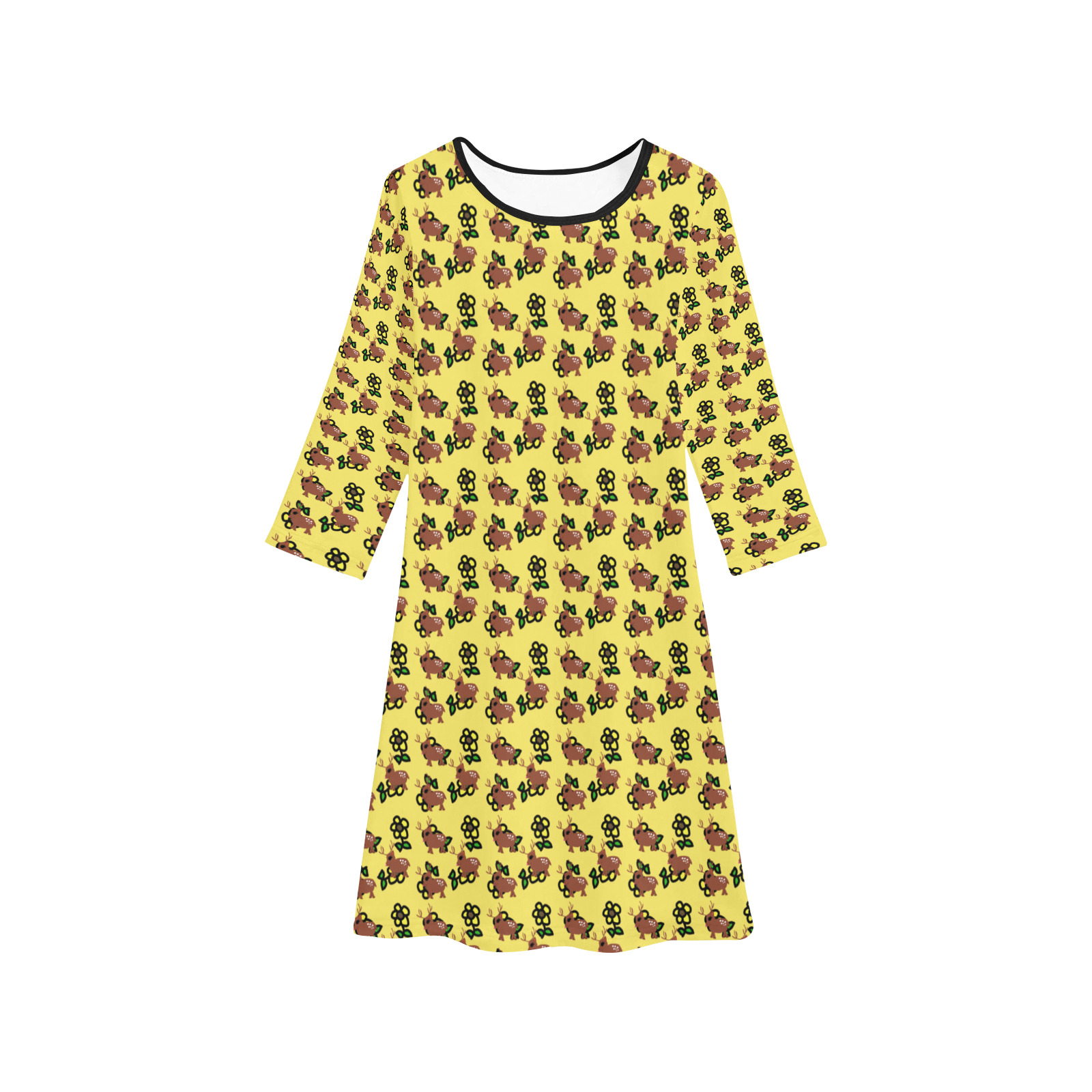 cute deer pattern yellow Girls' Long Sleeve Dress (Model D59)
