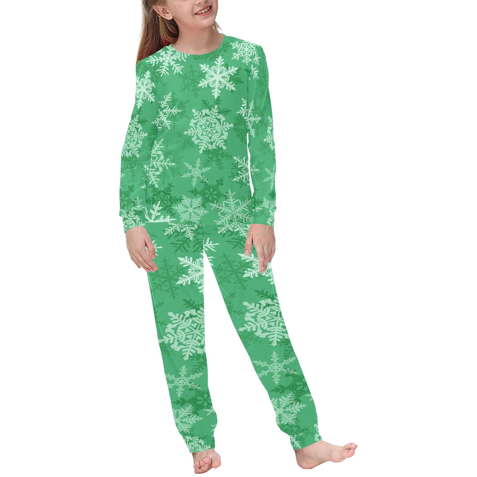 Snowflakes Green Kids' All Over Print Pajama Set