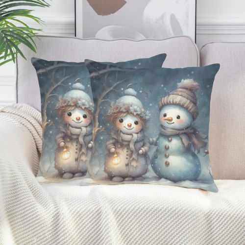 Snowman Couple Linen Zippered Pillowcase 18"x18"(Two Sides&Pack of 2)