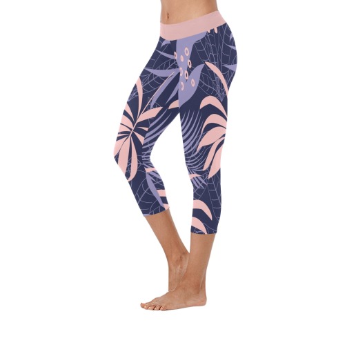 Tropical - Pink Palm Leaves Women's Low Rise Capri Leggings (Invisible Stitch) (Model L08)