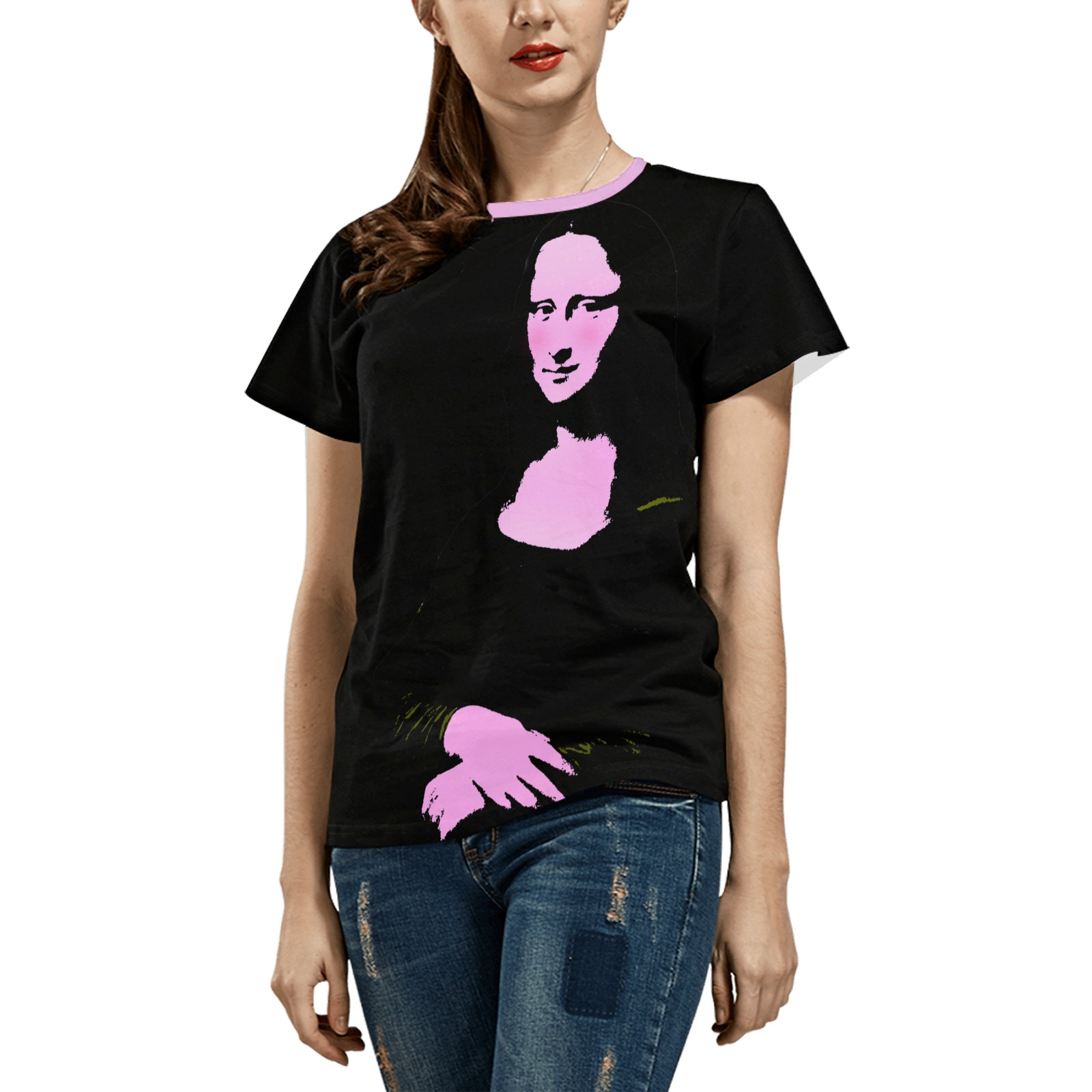 Mona Lisa Pop Art Style All Over Print T-Shirt for Women (Solid Color Neck) (Model T40)