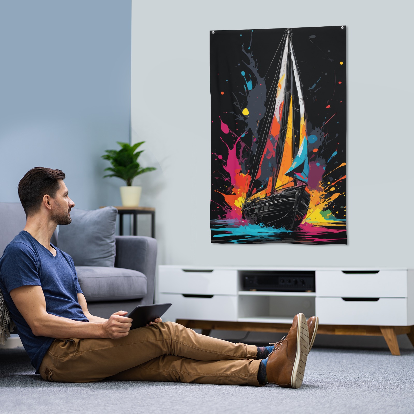 Fantasy sail boat at sea. Colorful art on black House Flag 34.5"x56"