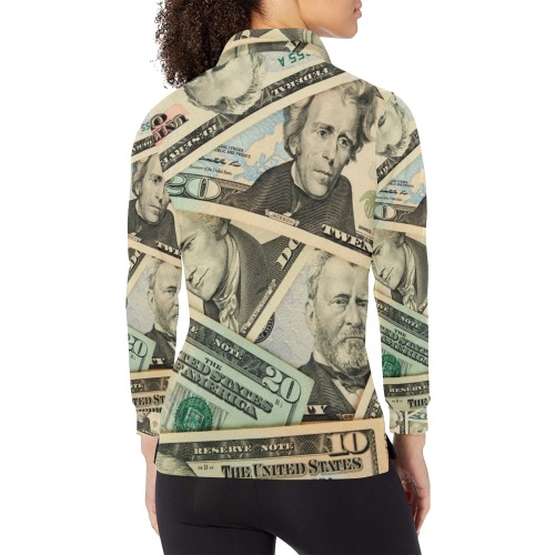 US PAPER CURRENCY Women's Long Sleeve Polo Shirt (Model T73)