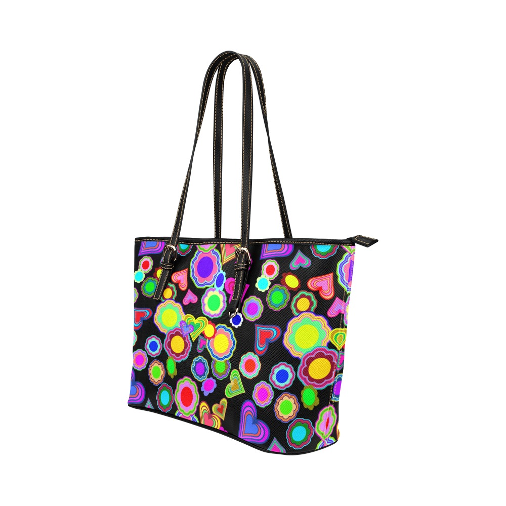 Groovy Hearts and Flowers Black Leather Tote Bag/Large (Model 1651)