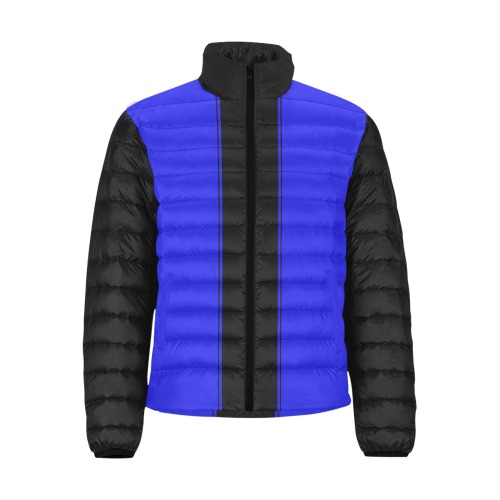 Racing Stripe Center Black Blue Men's Stand Collar Padded Jacket (Model H41)