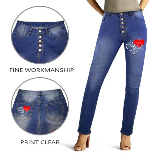 Singing Heart Red Note Music Love Romantic White Women's Jeans (Front&Back Printing)