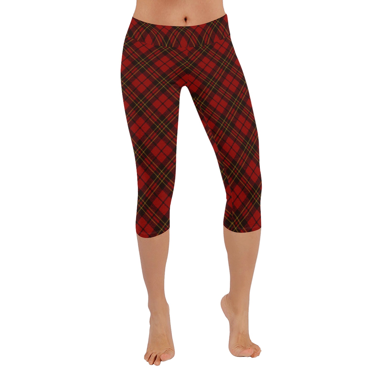 Red tartan plaid winter Christmas pattern holidays Women's Low Rise Capri Leggings (Invisible Stitch) (Model L08)