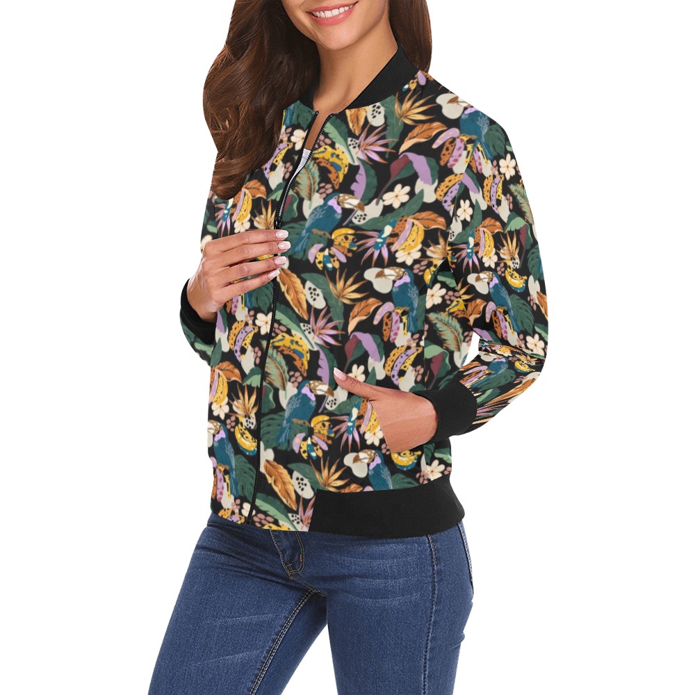 Toucans in the modern colorful dark jungle All Over Print Bomber Jacket for Women (Model H19)