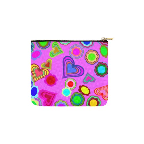 Groovy Hearts and Flowers Pink Carry-All Pouch 6''x5''