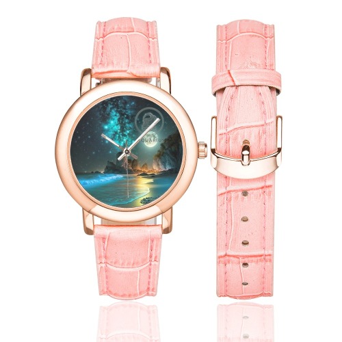 Moon with Aquarius Women's Rose Gold Leather Strap Watch(Model 201)