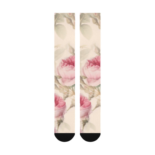 Vintage Pink Rose Garden Pattern Over-The-Calf Socks