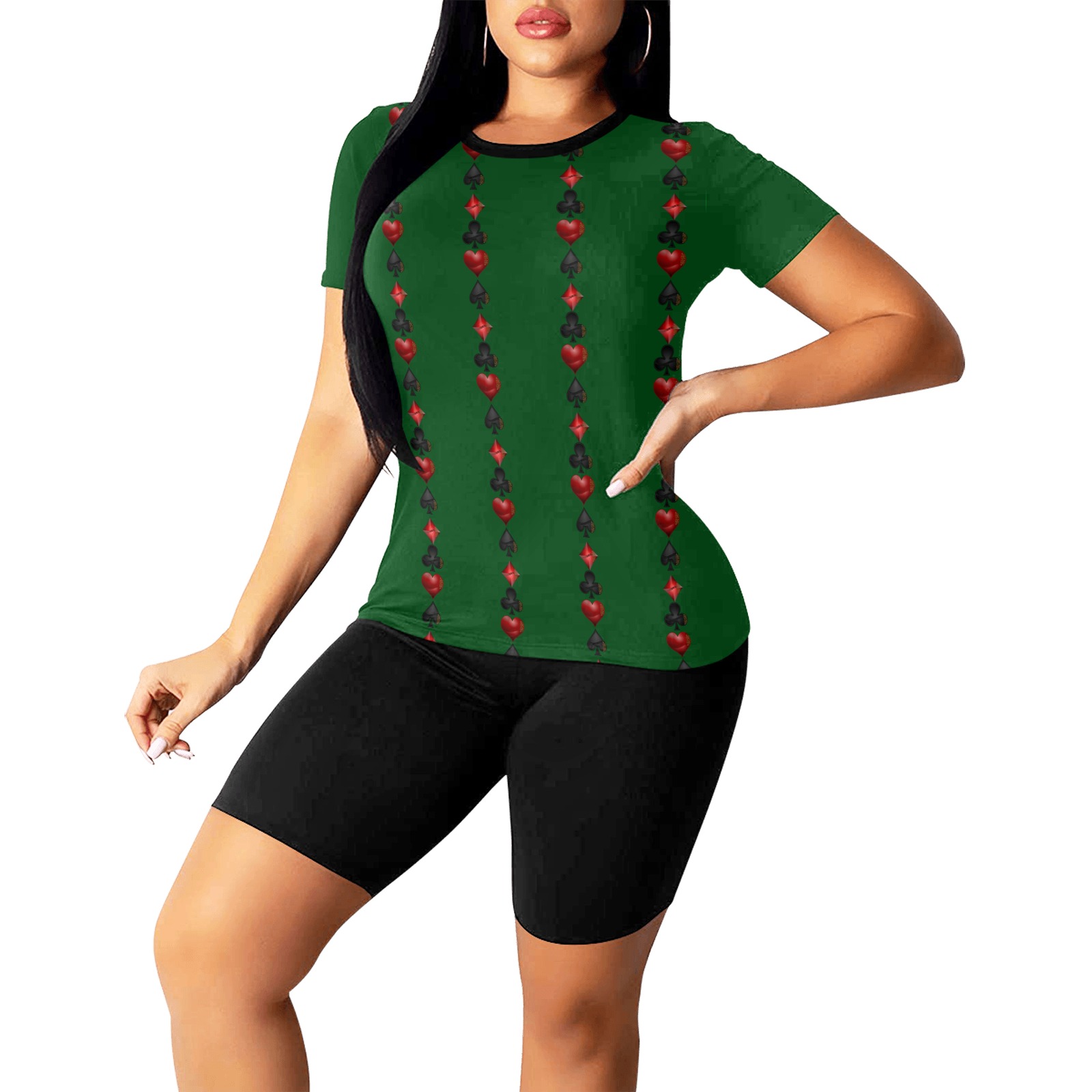 Black and Red Casino Card Shapes on Green Women's Short Yoga Set