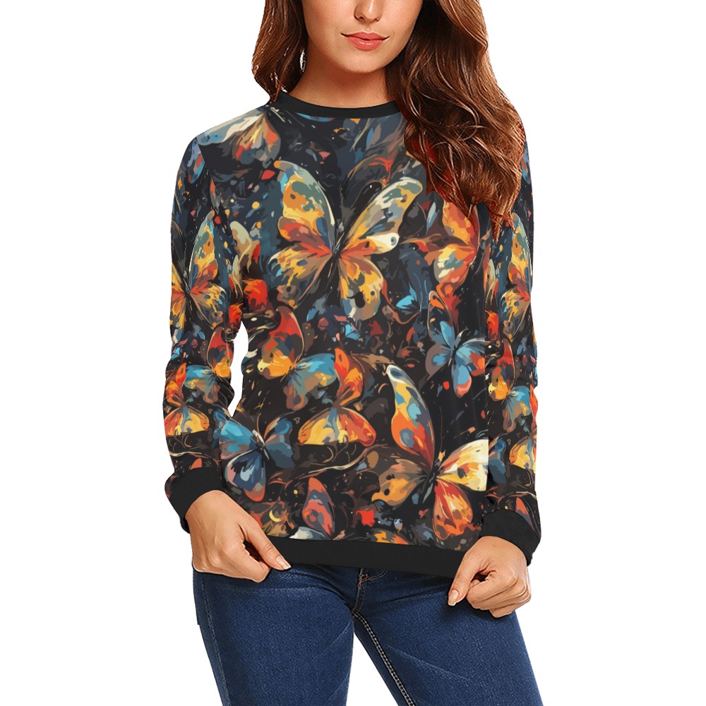 Butterflies in flight abstract art on dark. All Over Print Crewneck Sweatshirt for Women (Model H18)