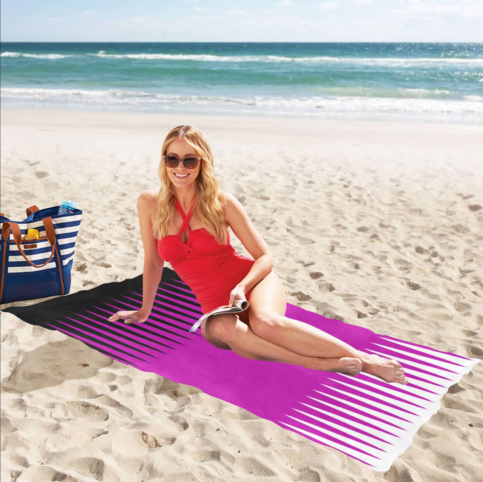 Wave Design Pink and Black Beach Towel 32"x 71"