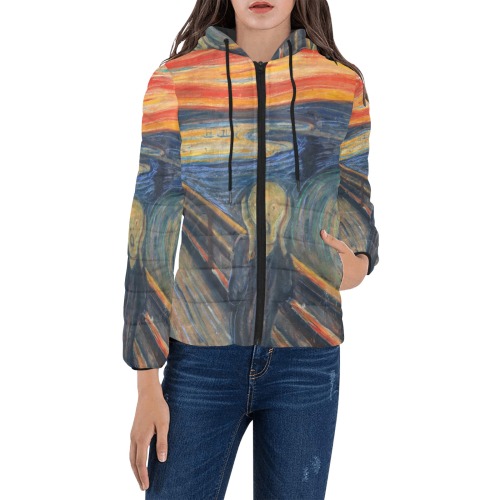 Edvard Munch-The scream Women's Padded Hooded Jacket (Model H46)