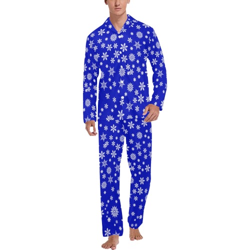 Christmas White Snowflakes on Blue Men's V-Neck Long Pajama Set