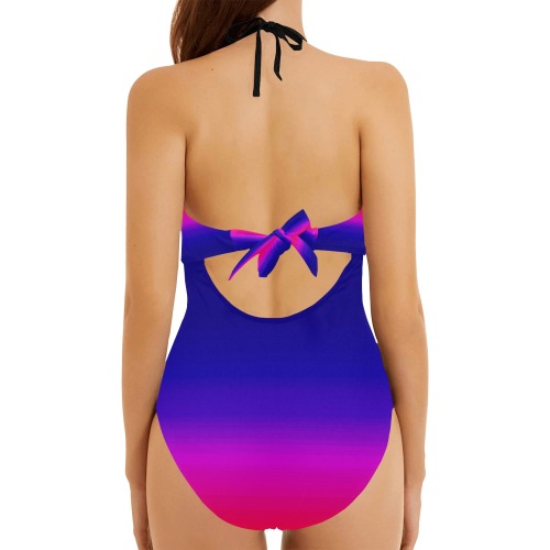 pink and blue Backless Hollow Out Bow Tie Swimsuit (Model S17)