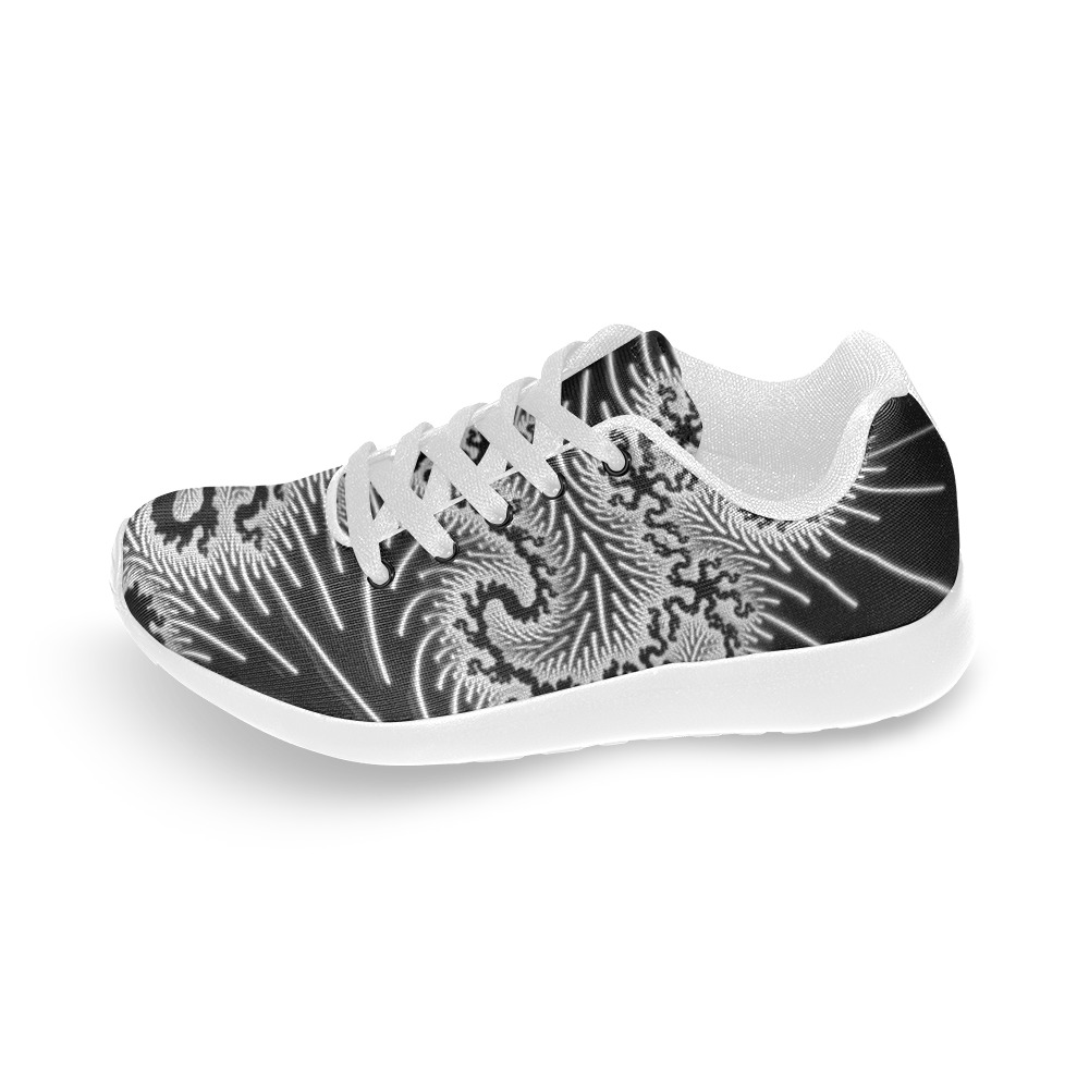 White and Silver Lace on Black Fractal Abstract Men’s Running Shoes (Model 020)