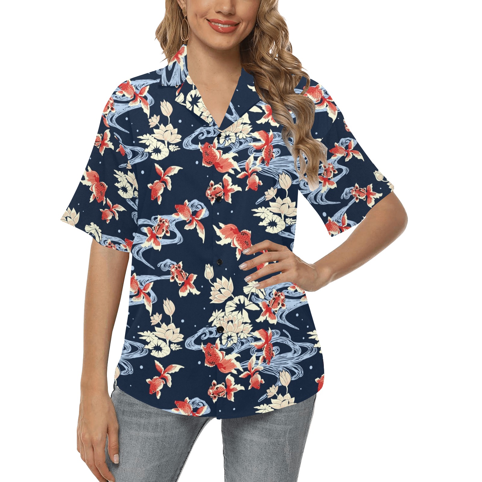 KOI FISH 002 All Over Print Hawaiian Shirt for Women (Model T58)