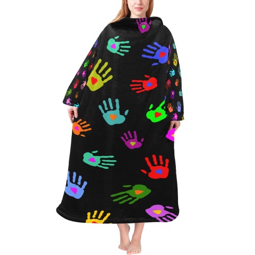 Multicolored HANDS with HEARTS love pattern Blanket Robe with Sleeves for Adults