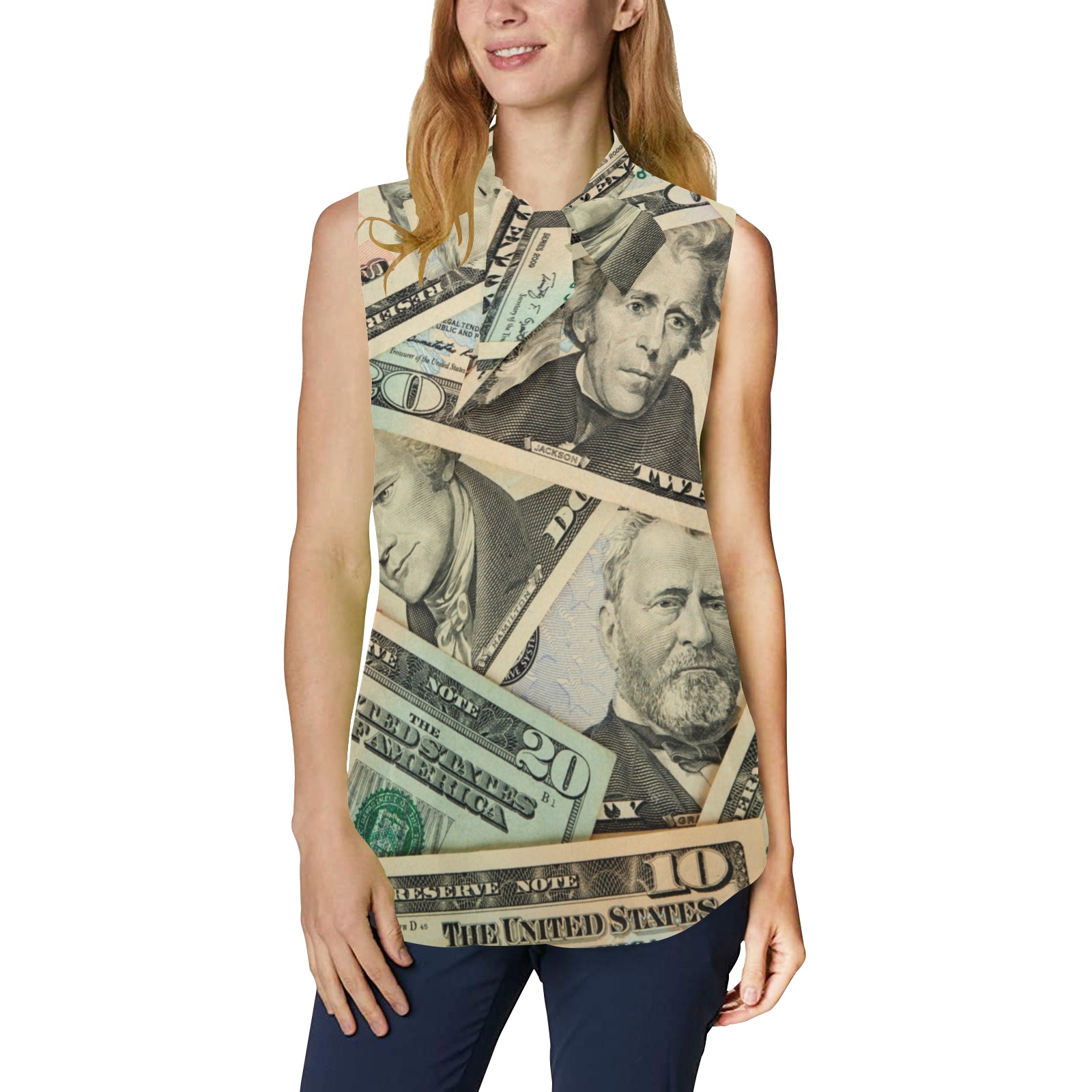 US PAPER CURRENCY Women's Bow Tie V-Neck Sleeveless Shirt (Model T69)