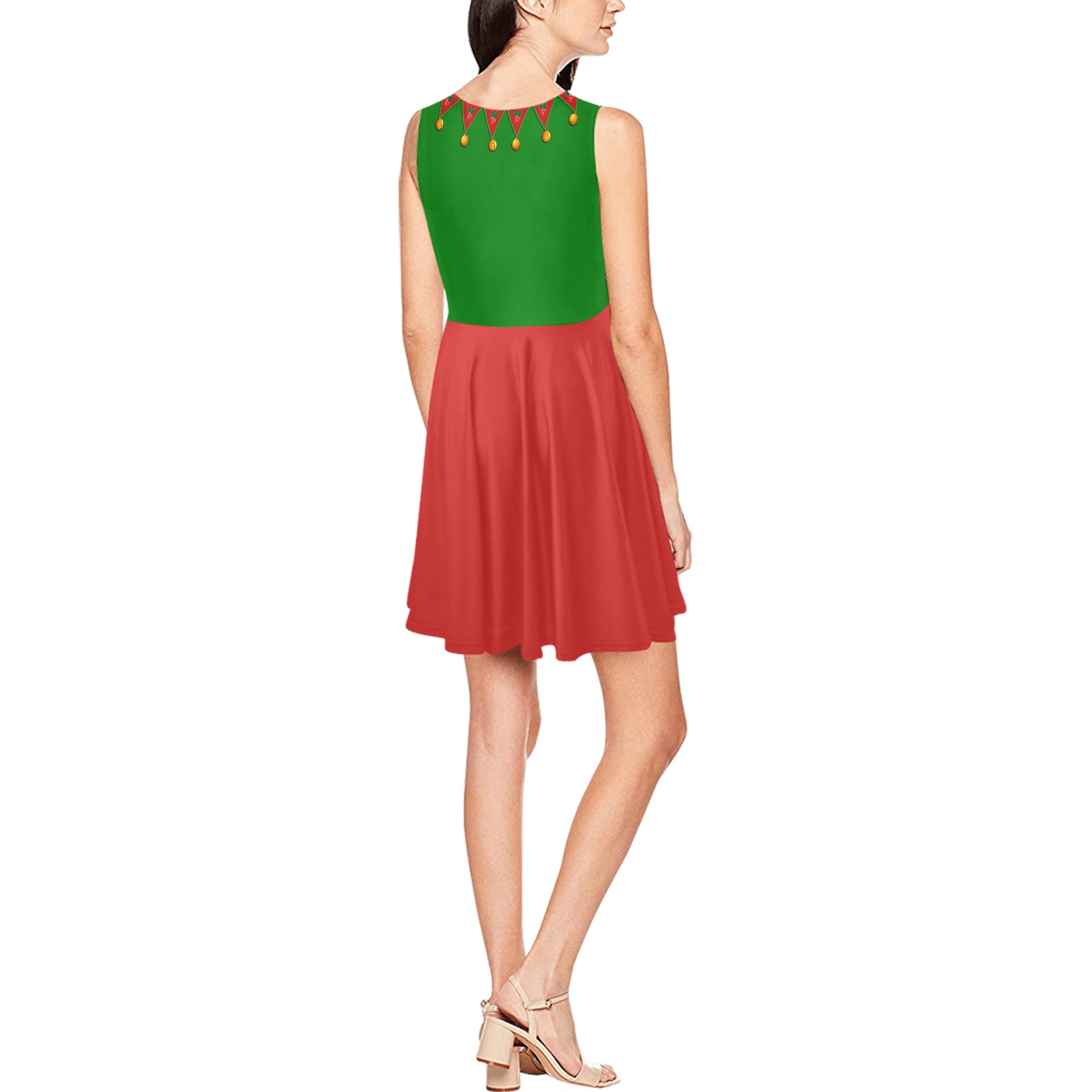 Green Red Elf Costume Thea Sleeveless Skater Dress(Model D19)