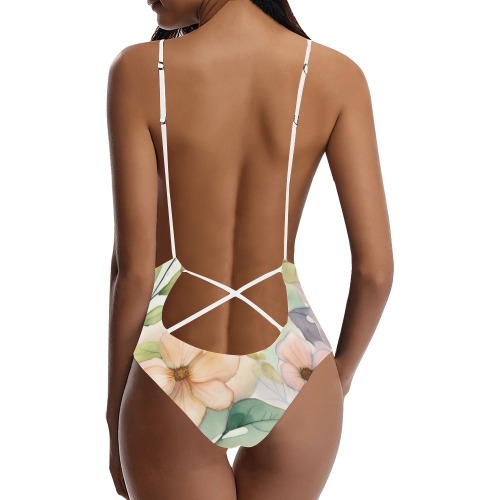Watercolor Floral 1 Sexy Lacing Backless One-Piece Swimsuit (Model S10)