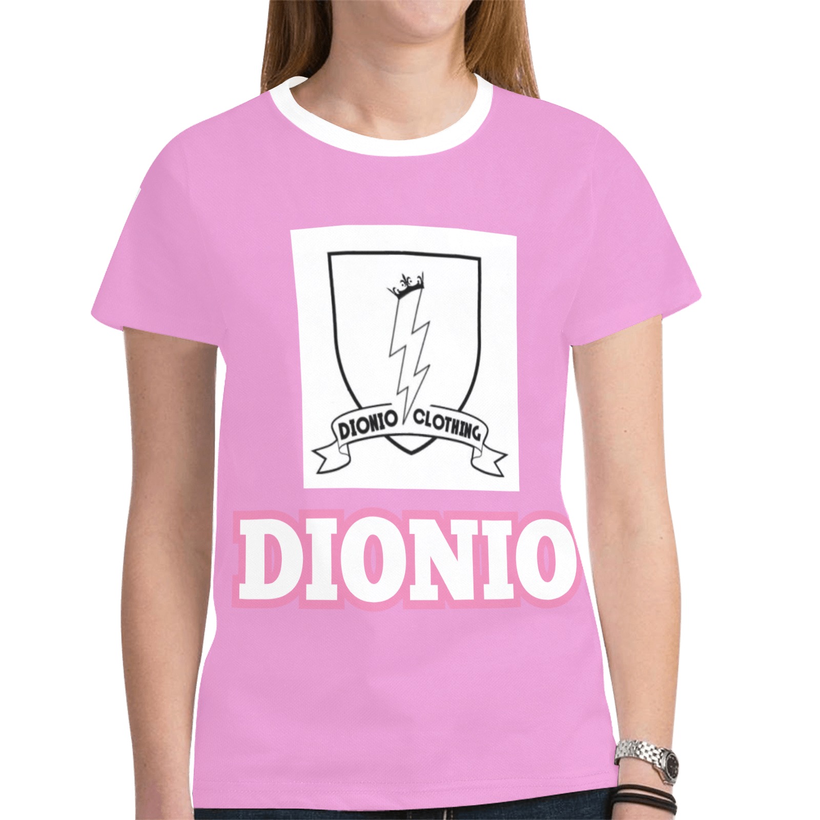DIONIO Clothing - Women's T-Shirt (Pink ,White Logo) New All Over Print T-shirt for Women (Model T45)