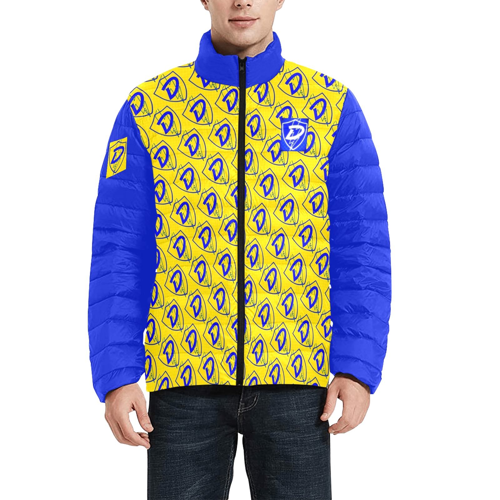 DIONIO Clothing Men's Winter coat Blue & Yellow ( Repeat Shield Logo) Men's Stand Collar Padded Jacket (Model H41)