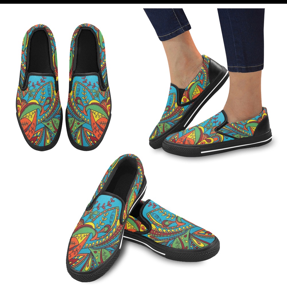 Euphoric Black Women's Slip-on Canvas Shoes (Model 019)