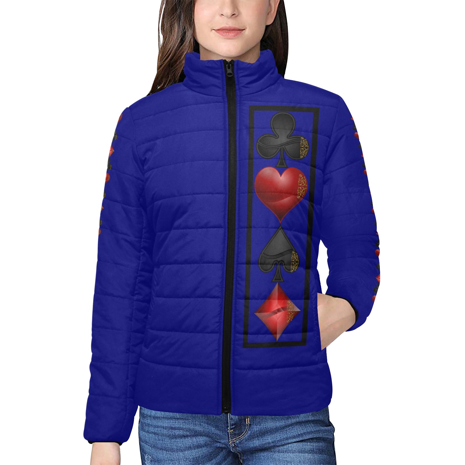 Black and Red Playing Card Shapes / Blue Women's Stand Collar Padded Jacket (Model H41)