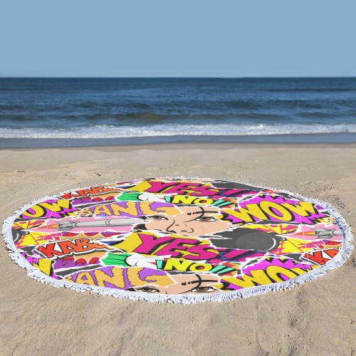 GoldenPopCollageCartoonComic2 beach mat Circular Beach Shawl Towel 59"x 59"