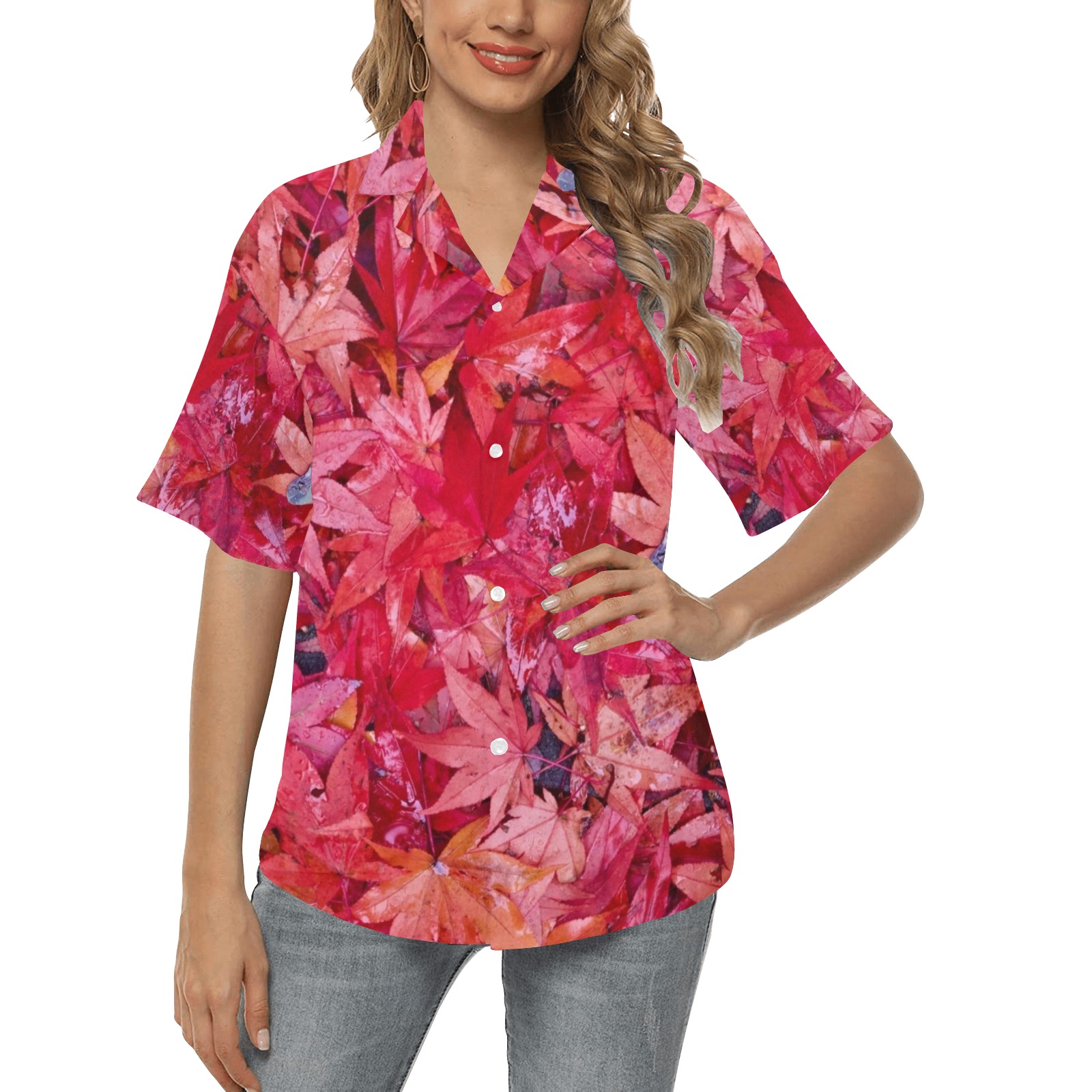 Red Leaves All Over Print Hawaiian Shirt for Women (Model T58)