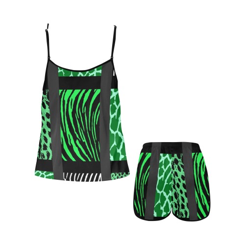 Green Mixed Animal Print Women's Spaghetti Strap Short Pajama Set