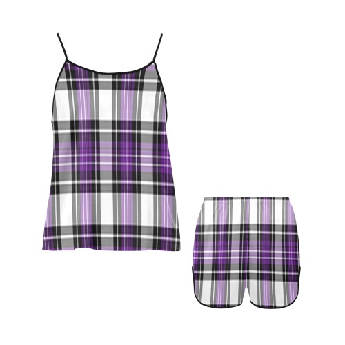 Purple Black Plaid Women's Spaghetti Strap Short Pajama Set