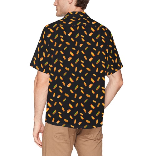 Hot Dog Pattern on Black Hawaiian Shirt with Chest Pocket (Model T58)