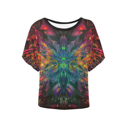 Psychedelic Rainbow Fractal Women's Batwing-Sleeved Blouse T shirt (Model T44)