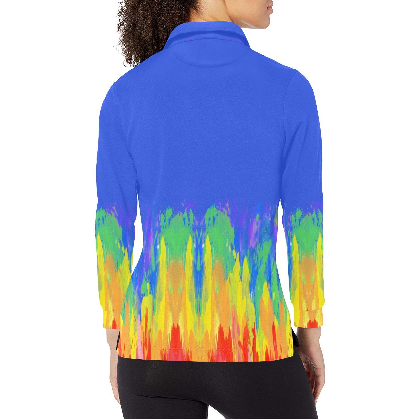 Abstract Paint Flames Blue Women's Long Sleeve Polo Shirt (Model T73)