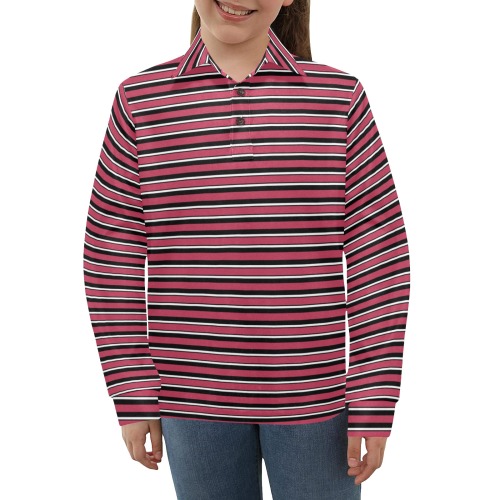 Magenta, Black and White Stripes Big Girls' All Over Print Long Sleeve Polo Shirt (Model T73)
