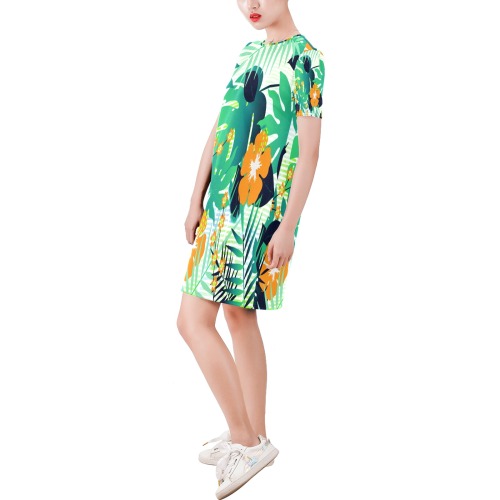 GROOVY FUNK THING FLORAL Short-Sleeve Round Neck A-Line Dress (Model D47)
