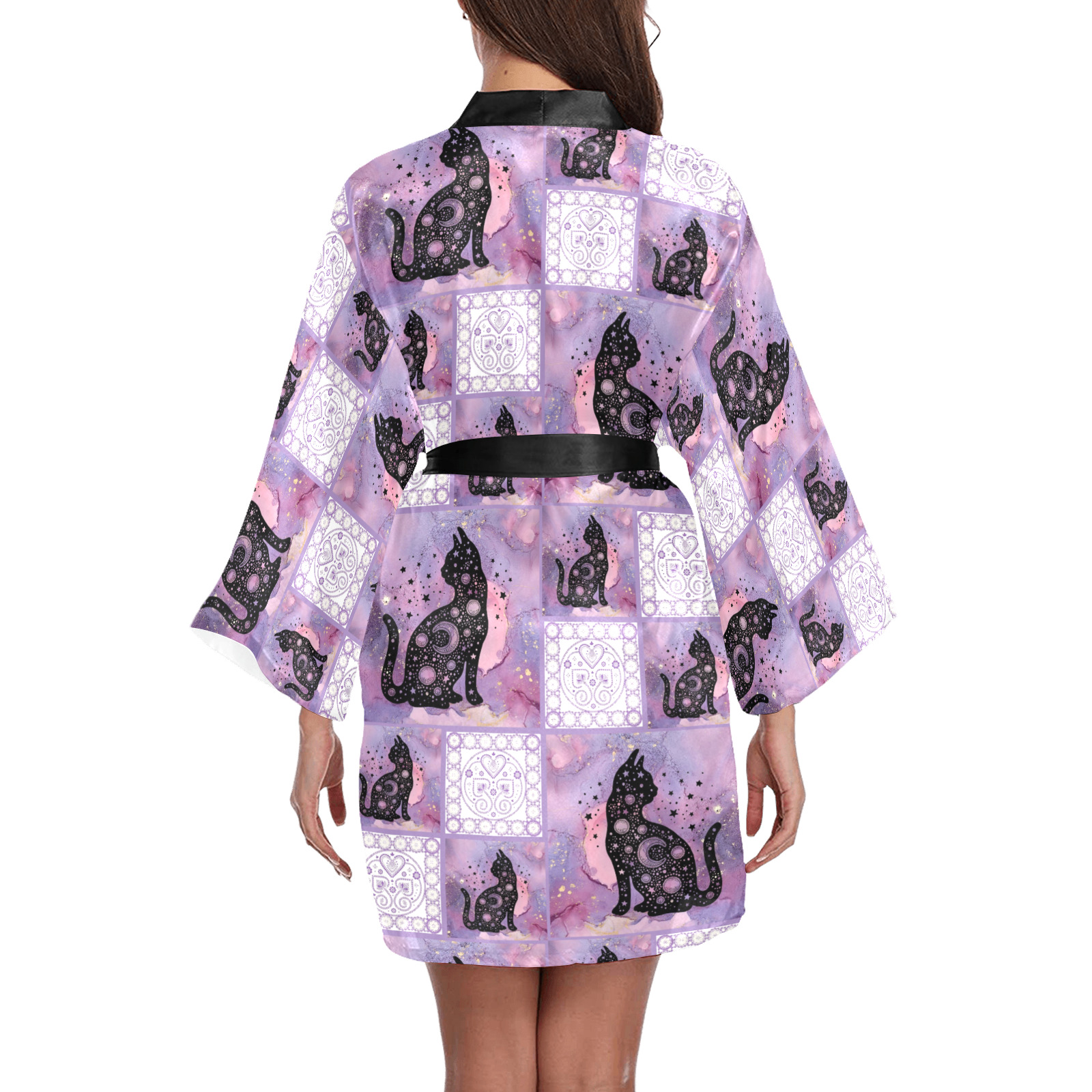 Purple Cosmic Cats Patchwork Pattern Long Sleeve Kimono Robe