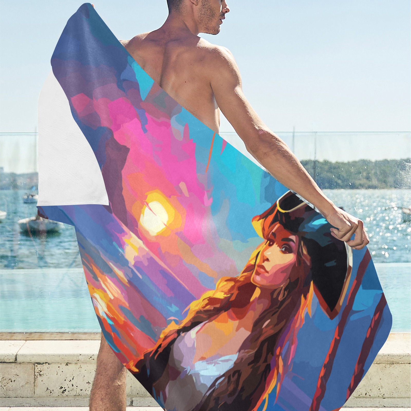 Pirate girl dreaming by the ocean at purple sunset Beach Towel 32"x 71"