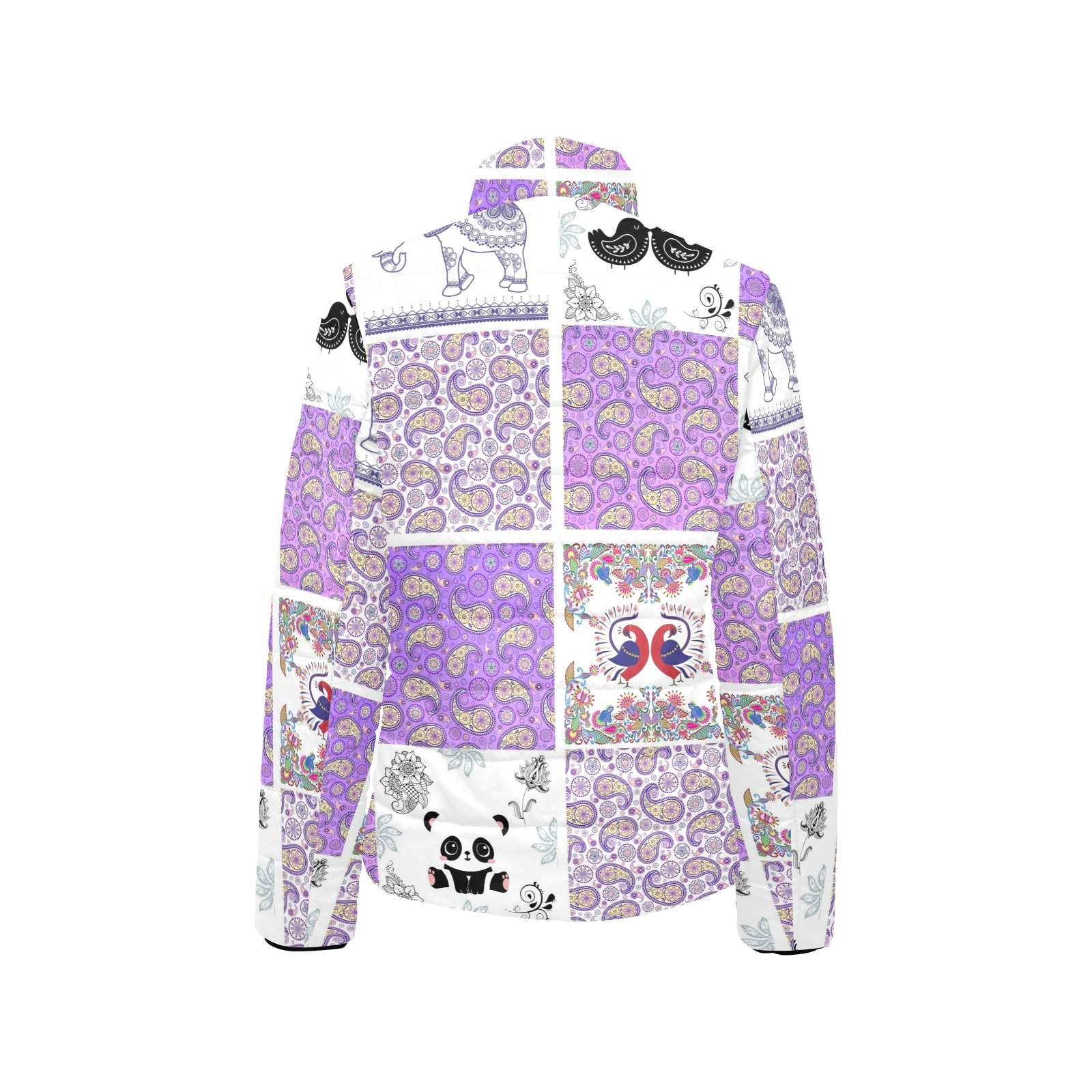 Purple Paisley Birds and Animals Patchwork Design Women's Stand Collar Padded Jacket (Model H41)