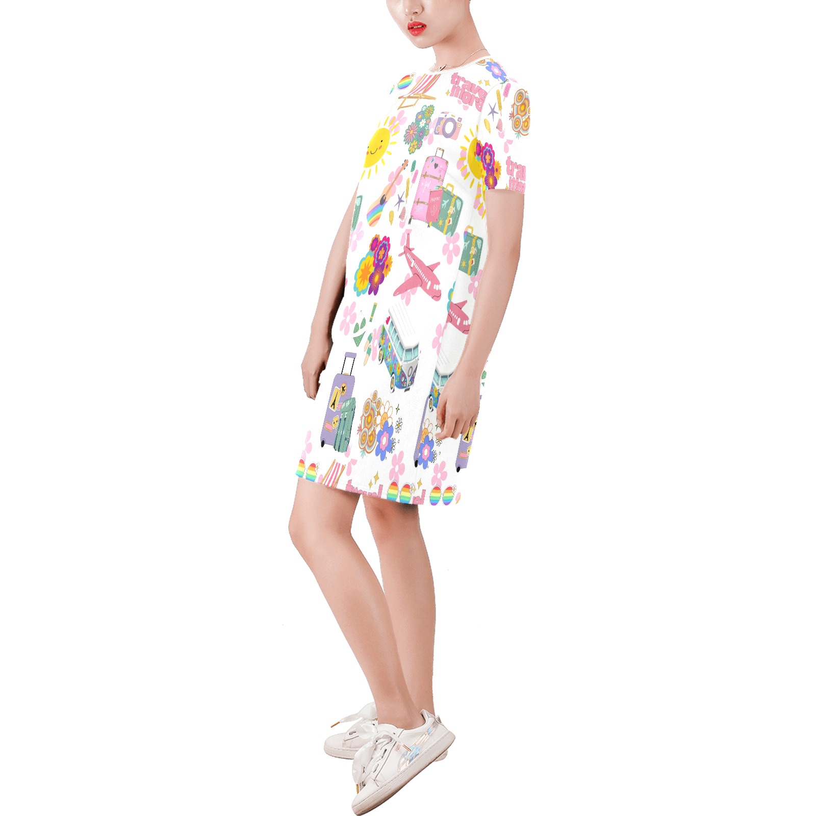 Hippie Summer Holiday Travel Vacation Artwork Design Short-Sleeve Round Neck A-Line Dress (Model D47)