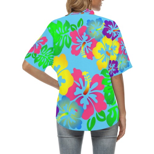 Hibiscus Hawaiian Flowers on Blue All Over Print Hawaiian Shirt for Women (Model T58)