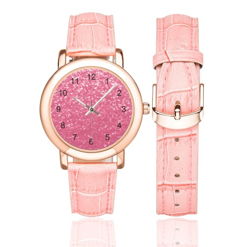 Magenta light pink red faux sparkles glitter Women's Rose Gold Leather Strap Watch(Model 201)